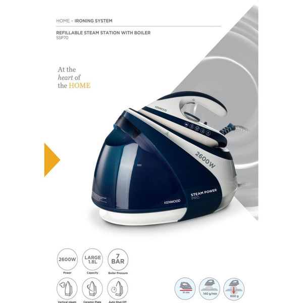 Kenwood Steam Iron Steam Station 2600W With 1.8L Water Tank Capacity, Ceramic Soleplate, 7 Bar Boiler Pressure, 600G Steam Shot, Anti Drip, Auto Shut Off, Self Clean BP SSP70.000WB