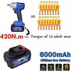 21V Brushless Cordless Impact Wrench Car Repair Wheel Nut Gun Electric 420 N.M High Torque Impact Wrench Power Wrench Electric Cordless Driver with LED Work Light + 6.0AH Li-Ion Battery + Drill bits