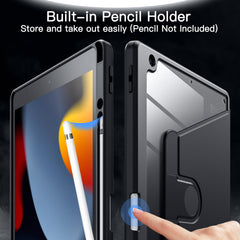 JETech Rotating Case for iPad 9/8/7 (10.2-Inch, 2021/2020/2019 Model, 9th/8th/7th Generation) with Pencil Holder, 360 Degree Rotation Protective Stand Cover Clear Back, Auto Wake/Sleep (Black)