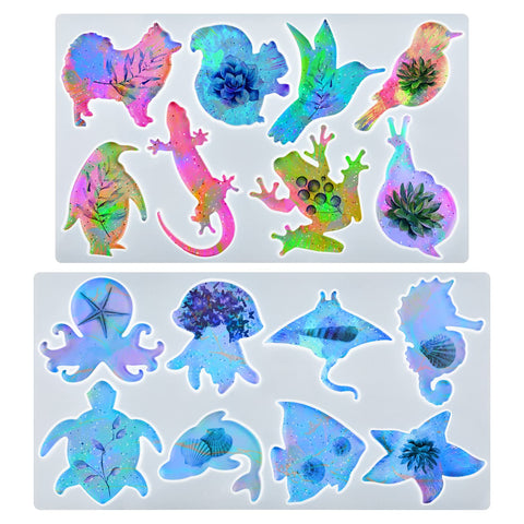2pcs Animals Resin Mold, Silicone Marine Terrestrial Animals Dolphins, Octopus, Turtles, Jellyfish, Fish Molds for Epoxy Resin for DIY Keychain Necklace Jewelry Pendant Art Craft Ornaments