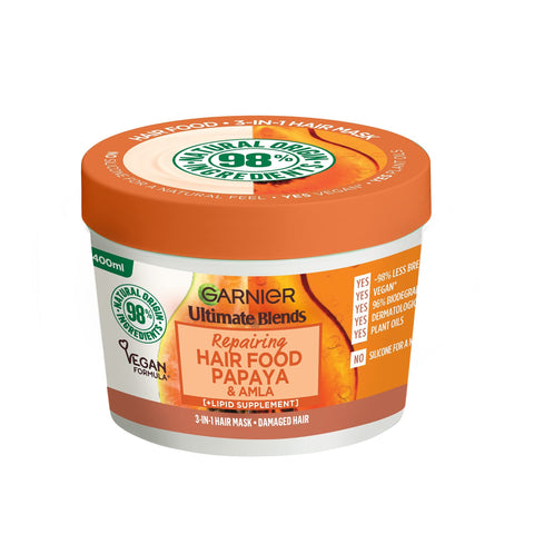 Garnier Hair Food 3-in-1 Hair Treatment Mask, Intensely Nourishes and Repairs Hair, For Damaged Hair, No Silicones, Vegan Formula, Papaya, Ultimate Blends, 400ml