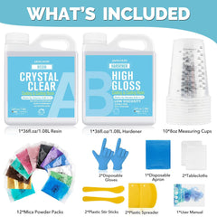 72oz Crystal Clear Epoxy Resin Kit Casting and Coating for River Table Tops, Art Resin,Jewelry Projects, DIY,Tumblers, Molds, Art Painting with 12 Mica Powders, 10×8oz Clear Measuring Cup