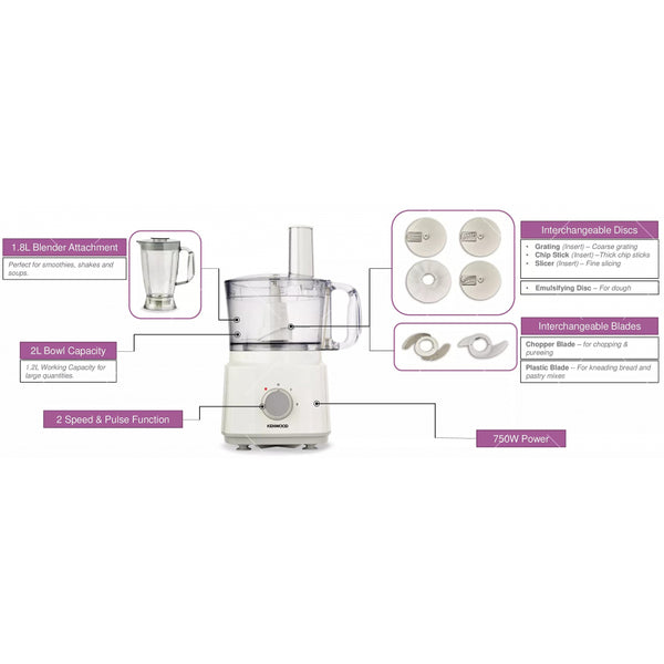 Kenwood Food Processor 750W Multi-Functional With 3 Interchangeable Disks, Blender, Whisk, Dough Maker FDP03.C0WH