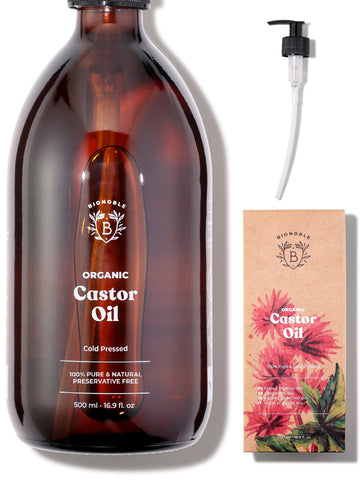 Bionoble Organic Castor Oil 500ml - 100% Pure, Natural and Cold Pressed - Lashes, Eyebrows, Body, Hair, Beard, Nails - Vegan and Cruelty Free - Glass Bottle + Pump