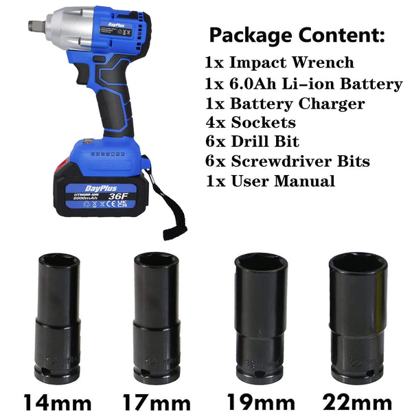 21V Brushless Cordless Impact Wrench Car Repair Wheel Nut Gun Electric 420 N.M High Torque Impact Wrench Power Wrench Electric Cordless Driver with LED Work Light + 6.0AH Li-Ion Battery + Drill bits