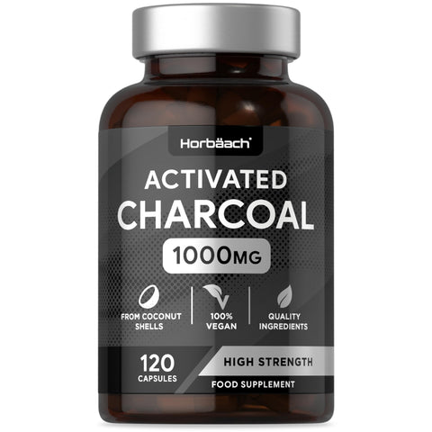 Activated Charcoal Capsules | High Strength 1000mg | Digestion Supplement from Natural Coconut | 120 Vegan Tablets | by Horbaach