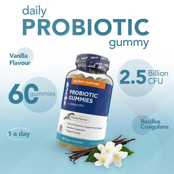 Probiotic Gummy 2.5 Billion CFU, 60 Vegan Gummies, Probiotic Gummy for Adults, Supports Digestion and Gut Health, Contains Bacillus Coagulans Strain, Vanilla Flavour, UK Supplier