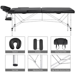 Yaheetech Portable Massage Table Foldable Spa Bed Tattoo Bed 2 Sections Beauty Bed Aluminium Therapy Couch Bed w/Cover Bag Black