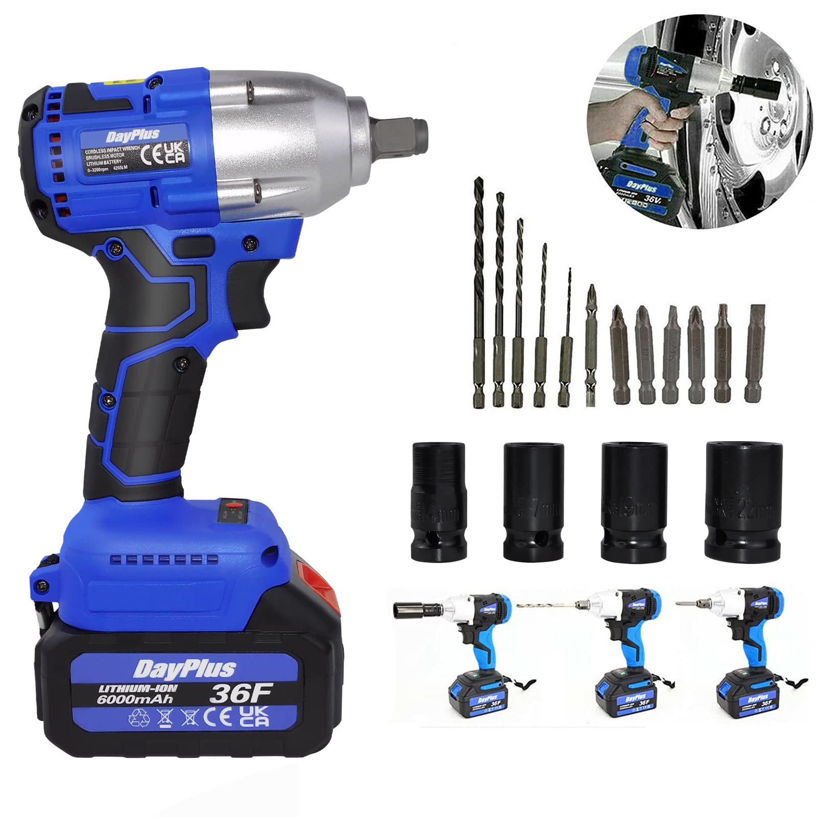 21V Brushless Cordless Impact Wrench Car Repair Wheel Nut Gun Electric 420 N.M High Torque Impact Wrench Power Wrench Electric Cordless Driver with LED Work Light + 6.0AH Li-Ion Battery + Drill bits