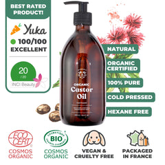 Bionoble Organic Castor Oil 500ml - 100% Pure, Natural and Cold Pressed - Lashes, Eyebrows, Body, Hair, Beard, Nails - Vegan and Cruelty Free - Glass Bottle + Pump