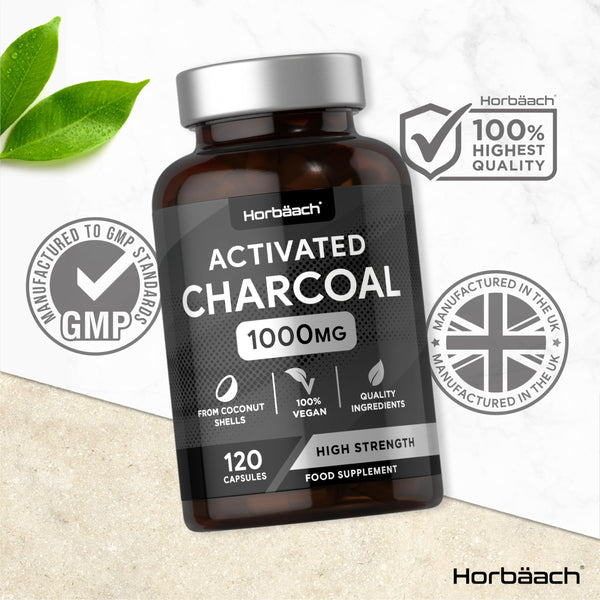 Activated Charcoal Capsules | High Strength 1000mg | Digestion Supplement from Natural Coconut | 120 Vegan Tablets | by Horbaach