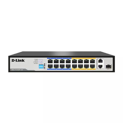 D-Link POE Switch 16-Port Long Range POE Switch (16 Ports POE + 2 Ports Uplink + 1 Port SFP), Flow Control for protection Against Data Loss, Maximum Distance of 250m, 150watts Available POE DES-F1016P