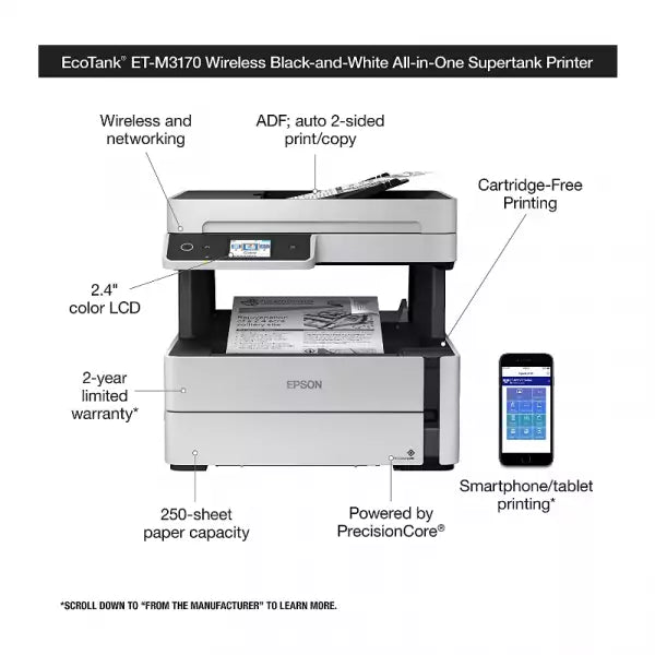 Epson EcoTank Monochrome Duplex Printer Wi-Fi All-in-One, 39ppm, 600x600dpi Resolution, Wireless Connectivity M3170