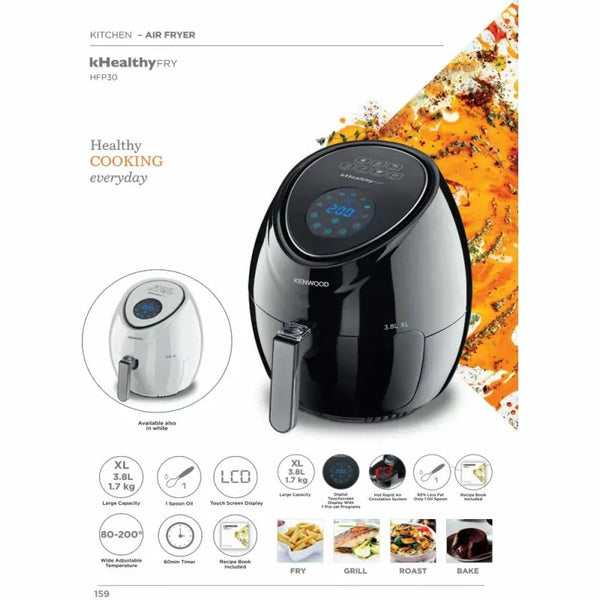 Kenwood Digital Air Fryer 1.7KG 3.8L XL Capacity 1500W with Recipe Book, Rapid Hot Air Circulation Technology for Frying, Grilling, Broiling, Roasting, Baking and Toasting HFP30.000BK