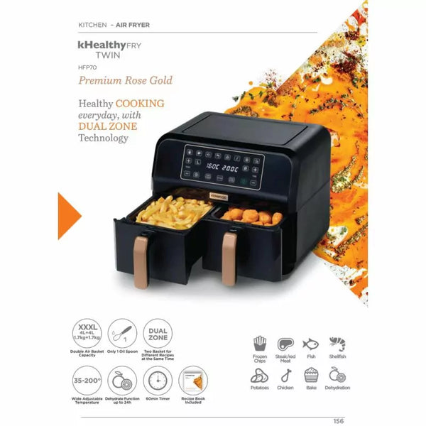 Kenwood Digital Twin Air Fryer 1.7KG+1.7KG 4L+4L XXXL Capacity with DualZone Technology & Dual Frying Baskets for Frying, Grilling, Broiling, Roasting, Baking, Toasting & Reheating HFP70.000BK