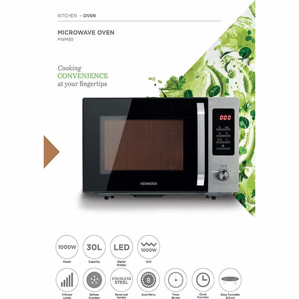 Kenwood 30L Microwave Oven with Grill, Digital Display, 5 Power Levels, Defrost Function, Stainless Steel, Auto Menu, 95 Minutes Timer, Clock Function 1000W MWM30.000BK