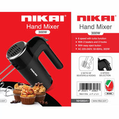 Nikai Hand Mixer 300W 6 Speeds + Turbo 2 Attachments NH989A1