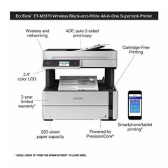 Epson EcoTank Monochrome Duplex Printer Wireless All-in-One Print/Scan/Copy/Fax M3170