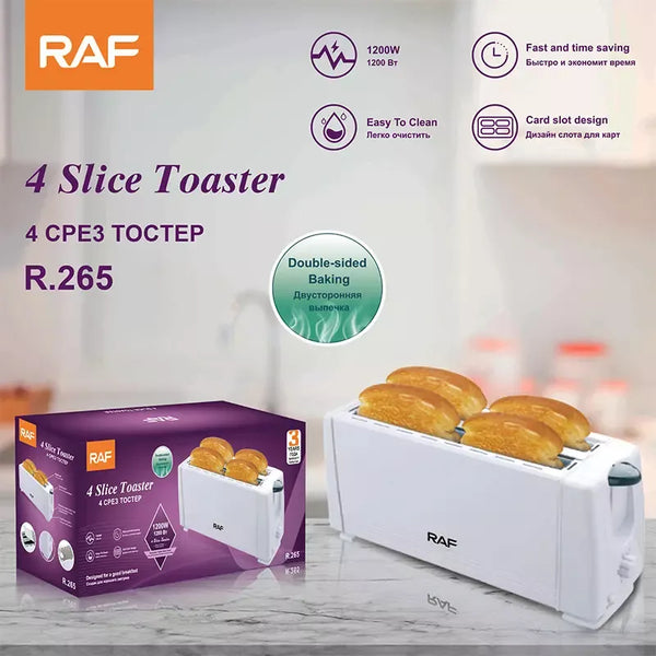 RAF Bread Toaster 4 Slice 1200W, Double Sided Baking, Card Slot Design R.265