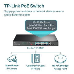 TP-Link Rackmount Switch 16-Port 10/100Mbps+2-Port Gigabit with 16-Port PoE+ TL-SL1218MP