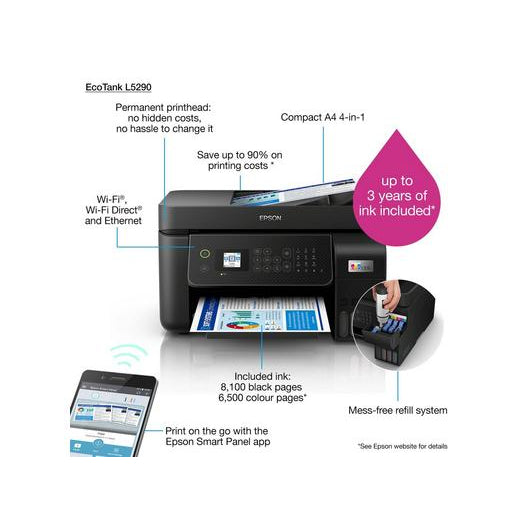 Epson InkJet All-in-One Wireless Printer A4 Print/Scan/Copy/ADF EcoTank L5290