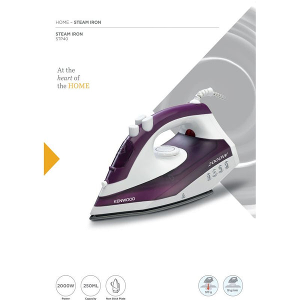 Kenwood Steam Iron 2000Watts, 250Ml Capacity, Non Stick Sole Plate, Power 18/120G, STP40.000WP